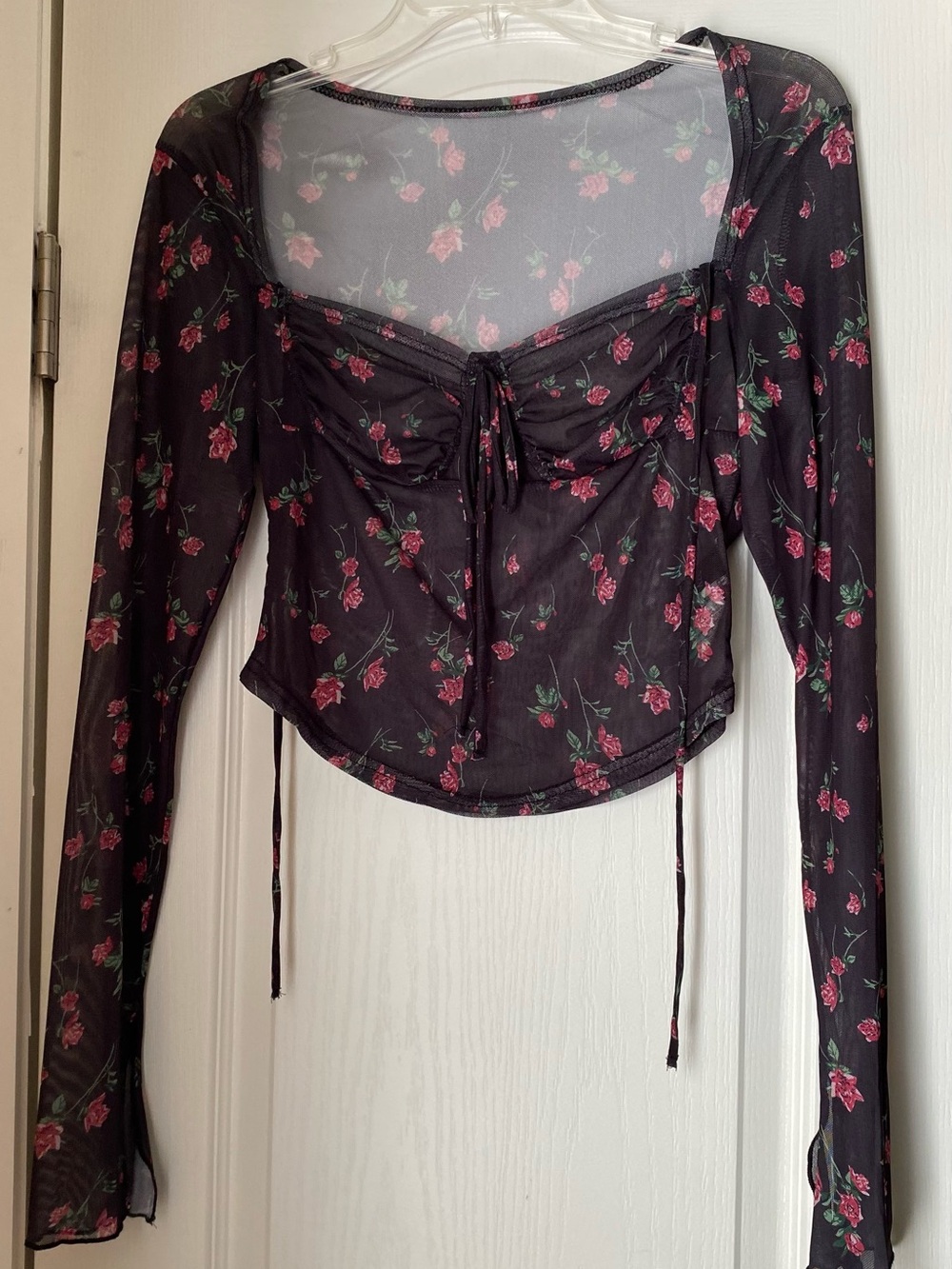 Sheer Floral Tie-Front Long-Sleeve Top - Black with Pink Roses